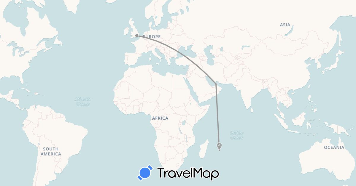 TravelMap itinerary: driving, plane in United Arab Emirates, United Kingdom, Mauritius (Africa, Asia, Europe)